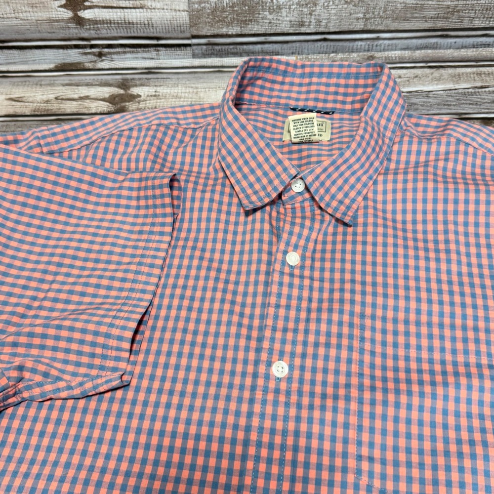 LL Bean Short Sleeve Button Down Men XL Orange Blue Gingham Slightly Fitted